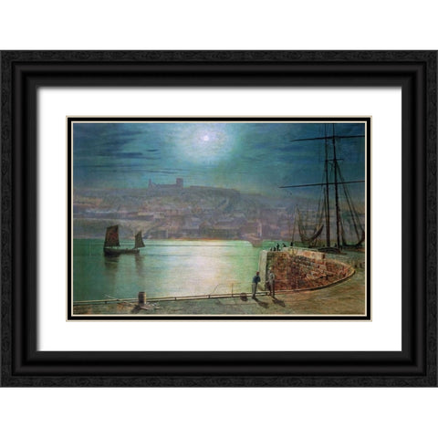 Whitby Harbour By Moonlight Black Ornate Wood Framed Art Print with Double Matting by Grimshaw, John Atkinson
