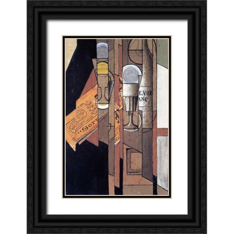 Glasses, a Newspaper and a Bottle of Wine Black Ornate Wood Framed Art Print with Double Matting by Gris, Juan