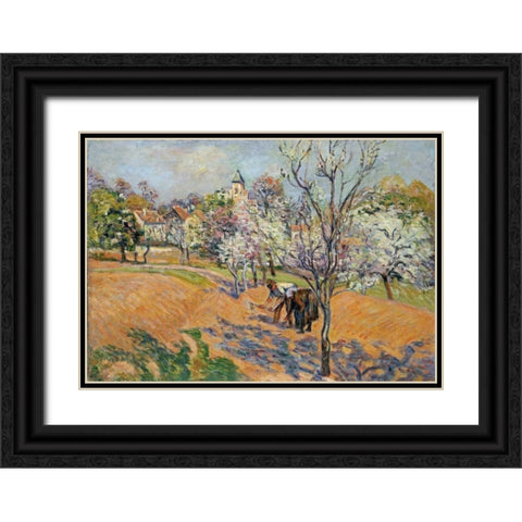 Two Peasants Sowing Haricots In An Orchard In Blossom Black Ornate Wood Framed Art Print with Double Matting by Guillaumin, Armand