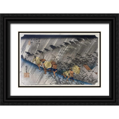 Driving Rain, Shono Black Ornate Wood Framed Art Print with Double Matting by Hiroshige