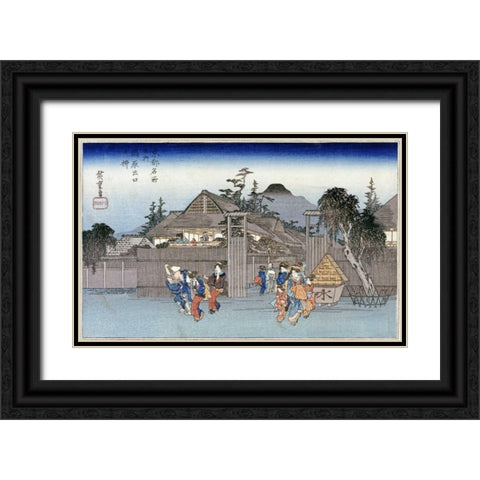 Willow at The Exit of Shimabara Black Ornate Wood Framed Art Print with Double Matting by Hiroshige