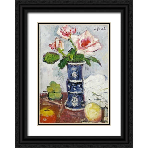 Pink Roses In a Chinese Blue and White Gu-Shaped Vase Black Ornate Wood Framed Art Print with Double Matting by Hunter, George Leslie