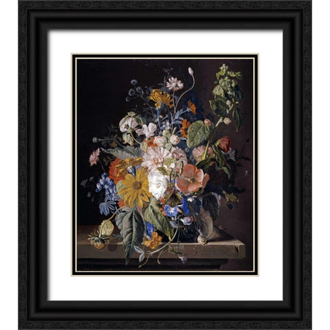 Poppies, Hollyhock, Morning Glory, Viola, Daisies Black Ornate Wood Framed Art Print with Double Matting by Van Huysum, Jan