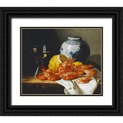 Shrimps, a Peeled Lemon, a Glass of Wine Black Ornate Wood Framed Art Print with Double Matting by Ladell, Edward
