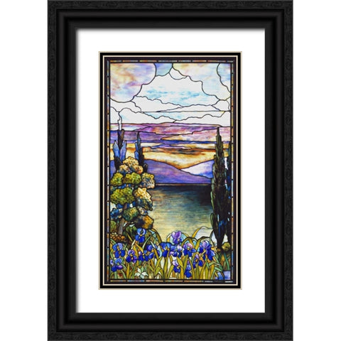 Lakeland Scene With Blue and Purple Irises Black Ornate Wood Framed Art Print with Double Matting by Lederle