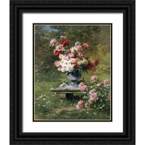 Peonies In An Urn In a Garden Black Ornate Wood Framed Art Print with Double Matting by Lemaire, Louis Marie