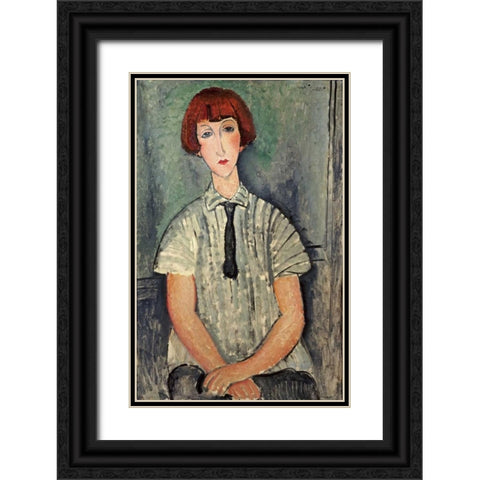 Young Girl In a Striped Shirt Black Ornate Wood Framed Art Print with Double Matting by Modigliani, Amedeo