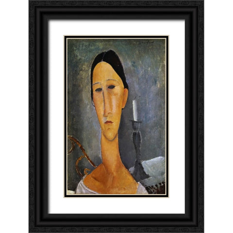 Hanka Zborowska with a Candlestick Black Ornate Wood Framed Art Print with Double Matting by Modigliani, Amedeo