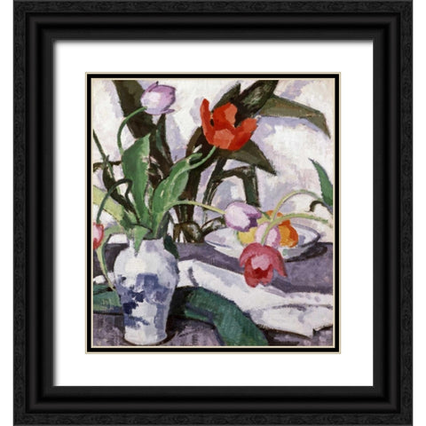 Red and Mauve Tulips In a Vase Black Ornate Wood Framed Art Print with Double Matting by Peploe, Samuel John