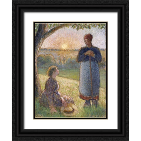 Country Women Chatting, Sunset, Eragny Black Ornate Wood Framed Art Print with Double Matting by Pissarro, Camille