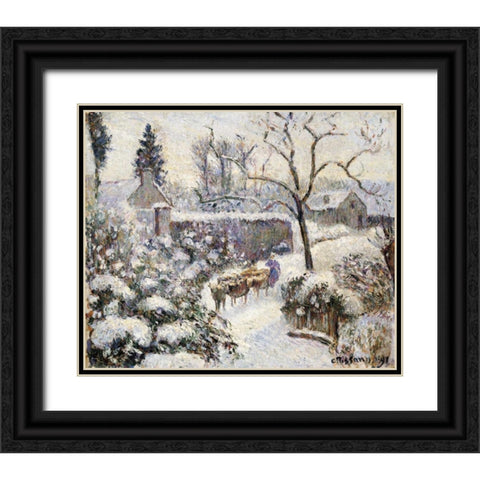 Snow at Montfoucault Black Ornate Wood Framed Art Print with Double Matting by Pissarro, Camille