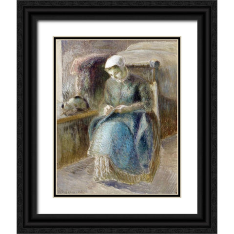Woman Sewing Black Ornate Wood Framed Art Print with Double Matting by Pissarro, Camille