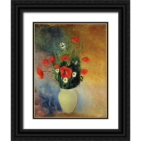 Poppies and Daisies Black Ornate Wood Framed Art Print with Double Matting by Redon, Odilion