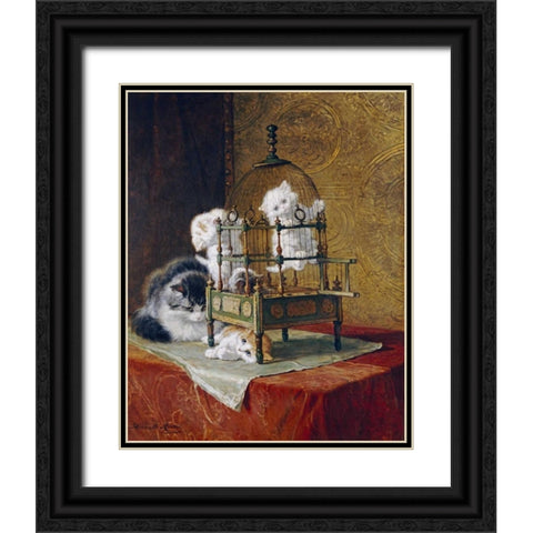 Caged Kittens Black Ornate Wood Framed Art Print with Double Matting by Ronner-Knip, Henriette