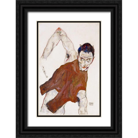 Self Portrait In a Jerkin Black Ornate Wood Framed Art Print with Double Matting by Schiele, Egon