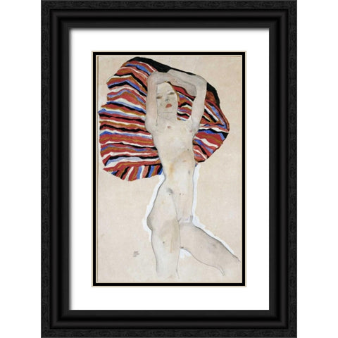 Nude with Colored Fabric, 1911 Black Ornate Wood Framed Art Print with Double Matting by Schiele, Egon