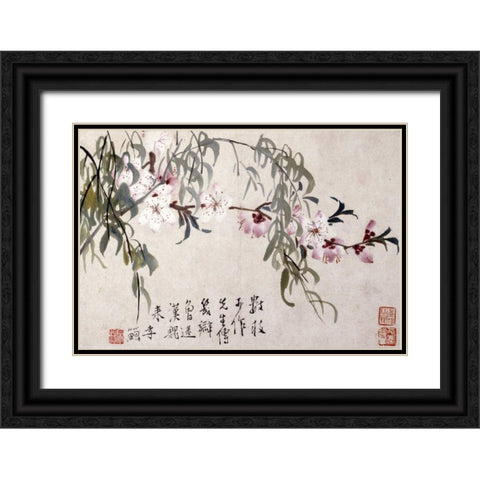 Willow and Peach Blossoms Black Ornate Wood Framed Art Print with Double Matting by Shan, Li