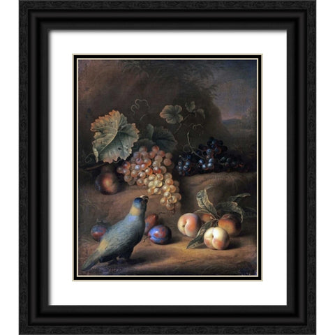 A Parrot With Grapes, Peaches and Plums In a Landscape Black Ornate Wood Framed Art Print with Double Matting by Stranover, Tobias