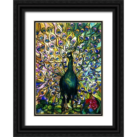 Fine Peacock Black Ornate Wood Framed Art Print with Double Matting by Tiffany Studios