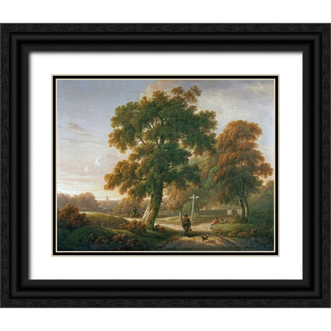 Travellers at a Crossroads In a Wooded Landscape Black Ornate Wood Framed Art Print with Double Matting by Towne, Charles