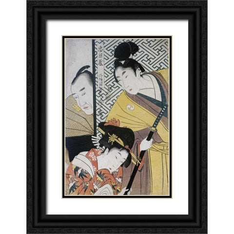 Act II of Chushingura, The Young Samurai Rikiya Black Ornate Wood Framed Art Print with Double Matting by Utamaro, Kitagawa