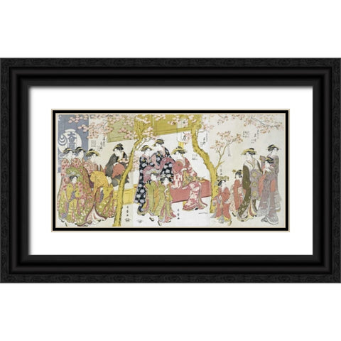 Three Groups of Courtesans With Their Shinzo and Kamuro Black Ornate Wood Framed Art Print with Double Matting by Utamaro, Kitagawa