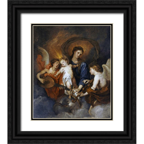 The Madonna and Child With Two Musical Angels Black Ornate Wood Framed Art Print with Double Matting by Van Dyck, Sir Anthony