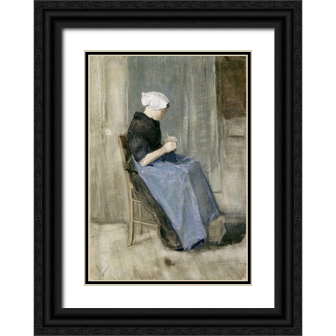 A Young Scheveningen Woman Knitting Black Ornate Wood Framed Art Print with Double Matting by Van Gogh, Vincent
