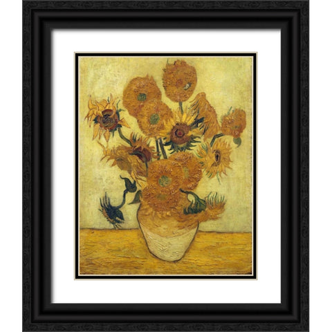 Vase with Fifteen Sunflowers, 1889 Black Ornate Wood Framed Art Print with Double Matting by Van Gogh, Vincent