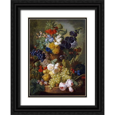A Still Life of Flowers and Fruit Black Ornate Wood Framed Art Print with Double Matting by Van Os, Jan