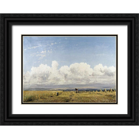 Building Haystacks Black Ornate Wood Framed Art Print with Double Matting by Wells, William Page Atkinson