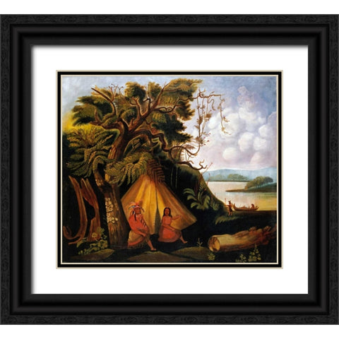 Indian Encampment Black Ornate Wood Framed Art Print with Double Matting by American School