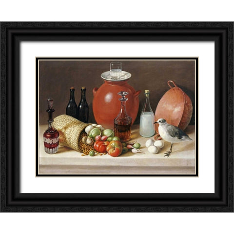 Still Life With a Bird and a Pitcher Black Ornate Wood Framed Art Print with Double Matting by Arrieta, Jose Agustin