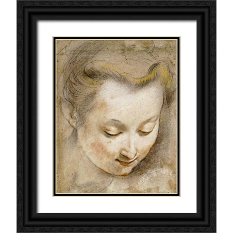 The Head of a Woman Black Ornate Wood Framed Art Print with Double Matting by Barocci, Frederico