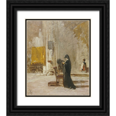 A Lady Praying In Church Black Ornate Wood Framed Art Print with Double Matting by Bianchi, Mose