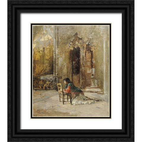 A Woman at Prayer In a Church Black Ornate Wood Framed Art Print with Double Matting by Bianchi, Mose