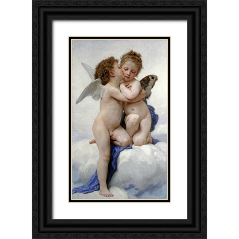 The First Kiss Black Ornate Wood Framed Art Print with Double Matting by Bouguereau, William-Adolphe