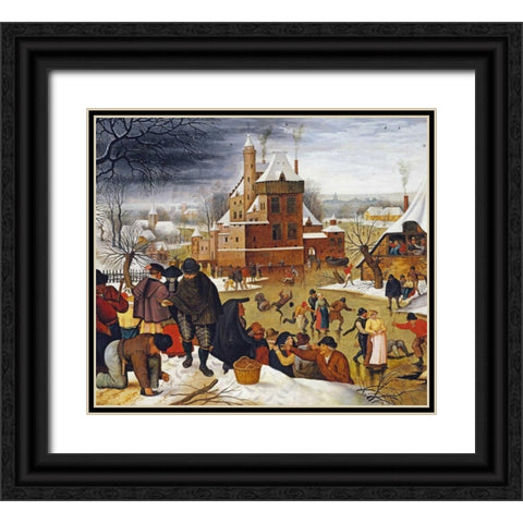 Townsfolk Skating On a Castle Moat Black Ornate Wood Framed Art Print with Double Matting by Bruegel, Pieter the Elder
