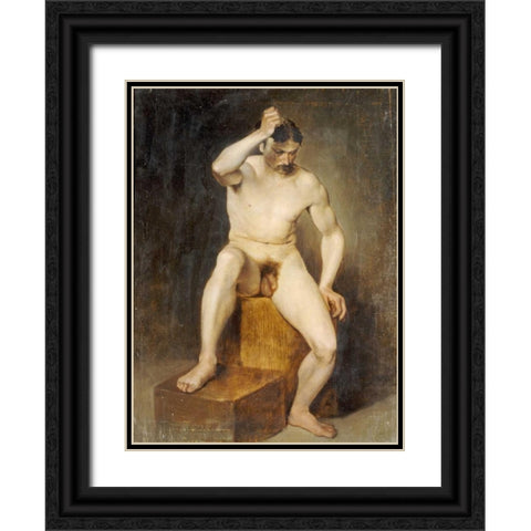 A Seated Male Nude Black Ornate Wood Framed Art Print with Double Matting by Von Staschiripka Canon, Hans