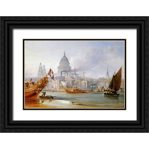 A View of Saint Pauls From The Thames Black Ornate Wood Framed Art Print with Double Matting by Chambers, George