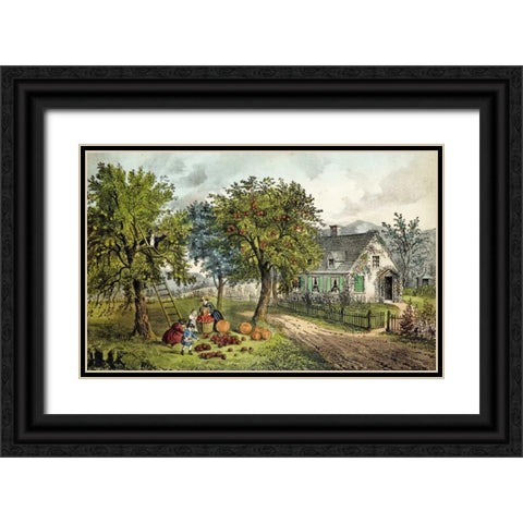 American Homestead; Autumn Black Ornate Wood Framed Art Print with Double Matting by Currier and Ives