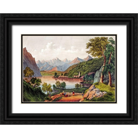 Lake Lugano, Italy Black Ornate Wood Framed Art Print with Double Matting by Currier and Ives