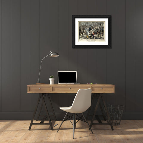 Maple Sugaring - Early Spring In The Northern Woods Black Ornate Wood Framed Art Print with Double Matting by Currier and Ives