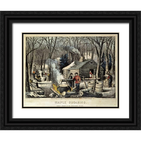 Maple Sugaring - Early Spring In The Northern Woods Black Ornate Wood Framed Art Print with Double Matting by Currier and Ives