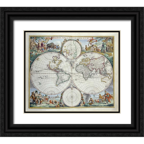 Map of The World Black Ornate Wood Framed Art Print with Double Matting by De Wit, Frederick