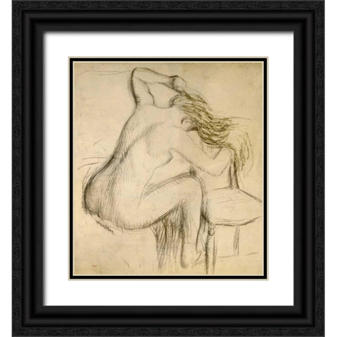 A Seated Woman Styling Her Hair Black Ornate Wood Framed Art Print with Double Matting by Degas, Edgar