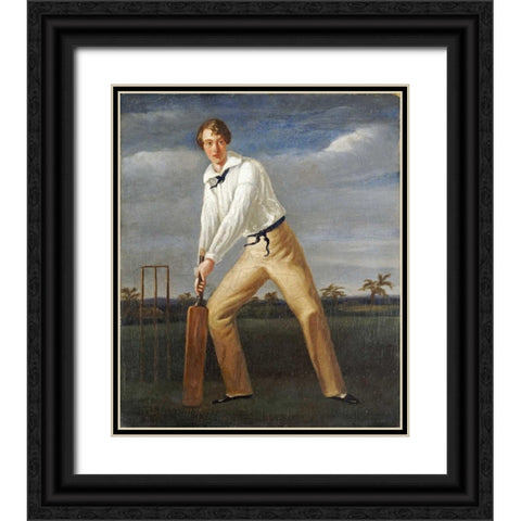 A Cricketer at The Crease Black Ornate Wood Framed Art Print with Double Matting by English School