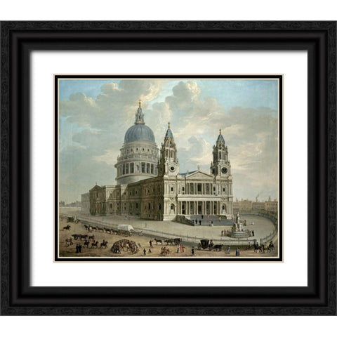 View of St. Pauls Cathedral Black Ornate Wood Framed Art Print with Double Matting by English School