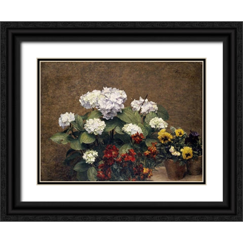 Hydrangeas, Wallflowers and Two Pots of Pansies Black Ornate Wood Framed Art Print with Double Matting by Fantin-Latour, Henri