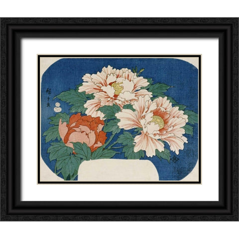 Three Stems of Peonies Black Ornate Wood Framed Art Print with Double Matting by Hiroshige